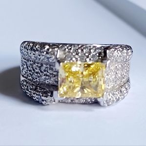 ADI HSN 925 Sterling Silver Square Yellow / Clear Round CZ Ring Size 9